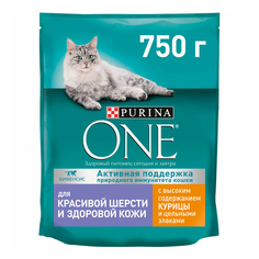 Сухой корм для кошек Purina ONE со вкусом курицы для здоровья кожи и шерсти, 8 шт по 750 г