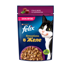 Влажный корм для кошек Felix Sensations, с уткой в желе со шпинатом, 26шт по 75г