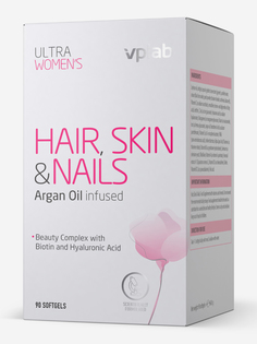 Комплекс для улучшения состояния волос, ногтей и кожи VPLAB Ultra Women’s Hair, Skin & Nails, витамины, биотин, гиалуроновая кислота, аргановое масло, 90 капсул, Белый