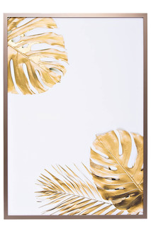 89vor-monstera golden-1 холст золотые листья монстеры-1 100х70 см, багет( латунь),поталь (garda decor) золотой