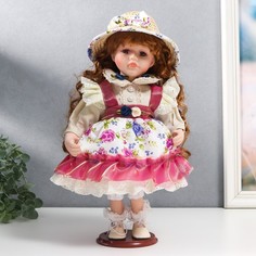 Кукла коллекционная керамика "Женечка в платье с цветами, в соломенной шляпке" 30 см No Brand