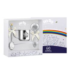 Набор детский Аргента DODO Ангел с позолотой с голубой эм кружка, ложка, погремушка