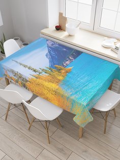 Скатерть прямоугольная JoyArty "Осеннее озеро в горах" из сатена, 120x145 см