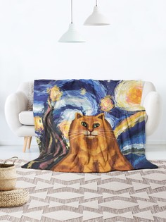 плед 150x200 (велсофт) Ambesonne Звездная ночь и котик на диван или кресло