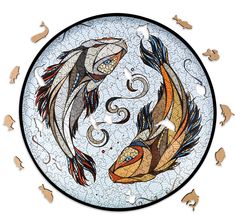 Деревянный фигурный пазл Eco Wood Art EWA Карпы Кои Рыбы L 40x40 см