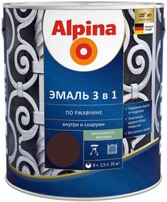 ALPINA Эмаль алкидно-уретановая по ржавчине 3 в 1 RAL 8011 темно-коричневый шелковисто-мат