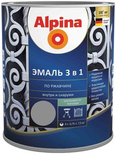 ALPINA Эмаль алкидно-уретановая по ржавчине 3 в 1 7040 серый шелковисто-матовая (0,75л)
