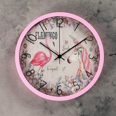Часы настенные, : Животный мир, Фламинго, плавный ход, d=30 см No Brand