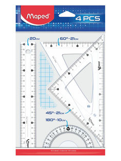 Чертежные инструменты: линейка 20см, 2 угольника, транспортир Maped Start, прозрачные