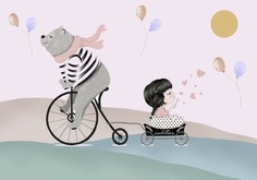 Фотообои бесшовные Медведь на велосипеде и девочкаВ260смхШ373 см, Master Fresok