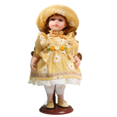 Кукла коллекционная керамика "Маша в жёлтом платье в клетку с ромашками, в шляпке" 30 см No Brand