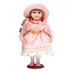 Кукла коллекционная керамика "Маша в розовом платье в клетку с ромашками, в шляпке" 30 см No Brand