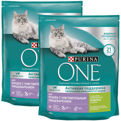 Сухой корм для кошек Purina One, чувствительное пищеварение, индейка, рис, 2шт по 0,75кг
