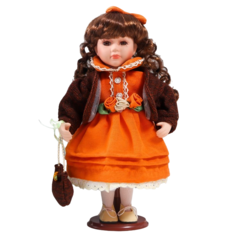 Кукла коллекционная керамика "Василиса в ярко-оранжевом платье, с рюшами, с сумочкой" 30 с No Brand