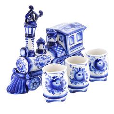 Штоф фарфоровый "Паровоз" со стопками. Гжель Russia The Great