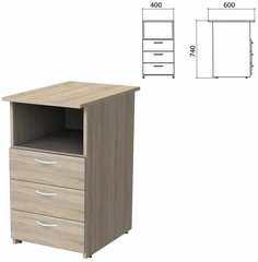 Тумба приставная "Бюджет", 400х600х740 мм, 3 ящика, полка, дуб сонома, 402657-091 No Brand