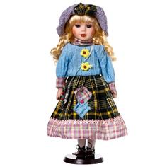 Кукла коллекционная керамика "Блондинка с кудрями, в голубом свитере с цветочками" 40 см No Brand