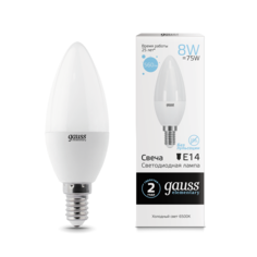 Лампа светодиодная Gauss Elementary 8W-560lm-6500K-Е14, свеча