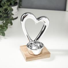 Сувенир керамика, дерево подсвечник Серебряное сердце 13,5х8х9,4 см No Brand
