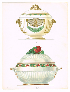 Фарфоровые супницы, старинная хромолитография Российская империя