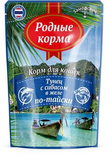 Влажный корм для кошек РОДНЫЕ КОРМА ЗАМОРСКИЕ с тунцом и сибасом в желе по-тайски, 70г
