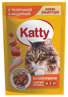 Влажный корм для кошек Katty с телятиной и индейкой в соусе, 85 г