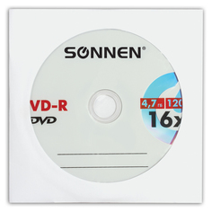 Диск DVD-R SONNEN, 4,7 Gb, 16x, бумажный конверт, 512576 (арт. 512576)