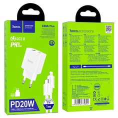 Сетевое зарядное устройство Hoco C80A Plus 1x USB Type A, 1xUSB Type-C 3 А белый