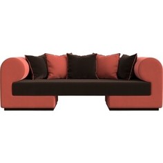 Прямой диван Лига Диванов Кипр микровельвет коричневый/коралловый