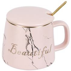 Кружка фарфоровая с крышкой и ложкой Beautiful (розовая) v=400 мл KENG-1060066-3 Nouvelle
