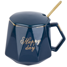 Кружка фарфоровая с крышкой и ложкой Happy day (синяя) v=420 мл KENG-1060061-3 Nouvelle