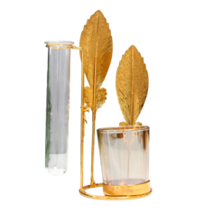 Подсвечник металл, стекло на 1 свечу с вазой "Золотые перья" d-5 см, 7,5х14х19,6 см No Brand