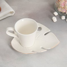 Чайная пара «Белая монстера», кружка 100 мл, блюдце 15х14 см Dolce Ceramo