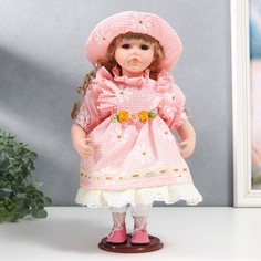 Кукла коллекционная керамика "Маша в розовом платье в клетку с ромашками, в шляпке" 30 см No Brand
