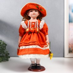 Кукла коллекционная керамика "Вера в ярко-оранжевом платье и шляпе с розами" 40 см No Brand