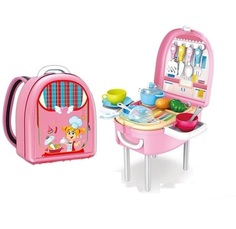 Набор "Кухня" LITTLE CHEF в пластмассовом рюкзаке столовые приборы,посуда,овощи 678-301А No Brand