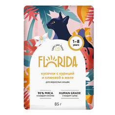 Влажный корм для взрослых кошек Florida с курицей и клюквой кусочки в желе - 85 г х 12 шт