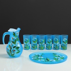 Набор для сока с подносом "Каллы" художественная роспись, 6 стаканов 1250/200 мл, синий No Brand