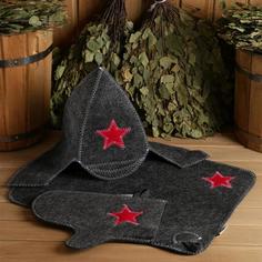 Набор для бани "Буденовец" серый: шапка, коврик, рукавица No Brand