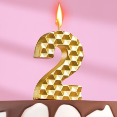 Свеча в торт на шпажке Соты, цифра 2, 11х4,3 см, золото No Brand