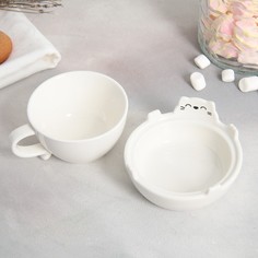 Набор для чаепития «Белый кот», кружка 150 мл, миска 10х3 см Дорого внимание