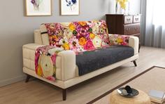 Чехол на трехместный диван Сирень с подлокотниками, 195х165+30см клапан, цветы