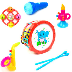 Набор детских музыкальных инструментов Baby Toys барабан, бубен, дудочка, саксофон, 101476