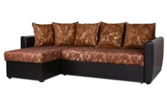 Угловой диван-кровать МногоМеб Мартин шенилл вензель и коричневая экокожа, левый угол