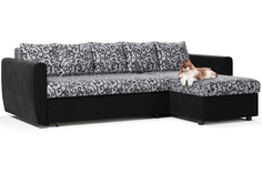 Угловой диван-кровать МногоМеб Мартин серая рогожка узоры и черный вельвет, правый угол