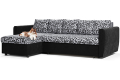 Угловой диван-кровать МногоМеб Мартин серая рогожка узоры и черный вельвет, левый угол