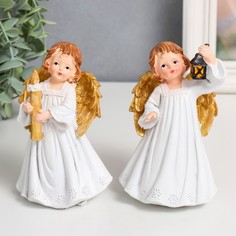 Сувенир полистоун "Праздничный ангел в белом платье" золотые крылья МИКС 7,5х6х12 см No Brand