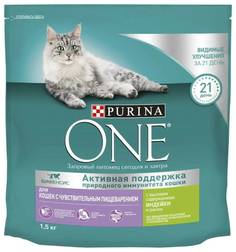 Сухой корм для кошек Purina One, при чувствительном пищеварении, индейка, рис, 1,5 кг