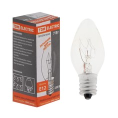 Лампа накаливания TDM для ночников "Свеча мини прозрачная", 7 Вт, 50 Гц, Е12 No Brand