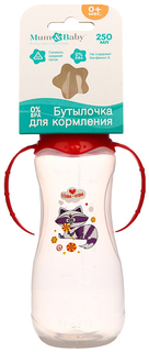 Бутылочка для кормления Енотик Тобби с ручками, 250 мл, от 0 мес., цвет красный Mum&Baby